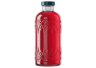 Red liquid filled glass bottle with decorative pattern isolated on a transparent background