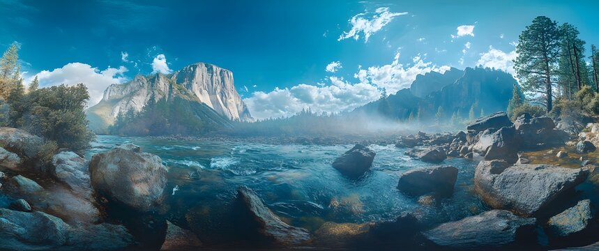 Panoramic view of El Capitan mountain and Merced River in Yosemite Valley with rocky riverbed and pine trees - Powered by Adobe
