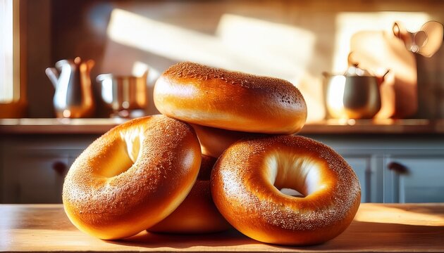 warm bagels sit stacked on a countertop showcasing their golden crust and soft texture in a welcoming kitchen