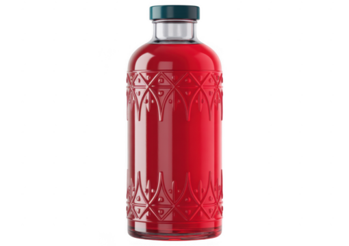 Red liquid filled glass bottle with decorative pattern isolated on a transparent background