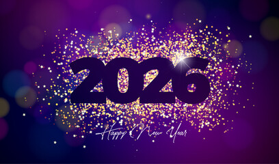 2026 Happy New Year Illustration with Gold Glitter Number and Colorful Bokeh Lights on Vibrant Particle Background. Vector Christmas Holiday Season Design with Typography Lettering for Greeting Card