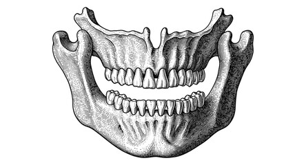 Hand-drawn human jawbone with engraved teeth detailing in black and white