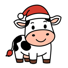 Cute Christmas Cow Cartoon Wearing Santa Hat &ndash; Kawaii Holiday Animal Clipart