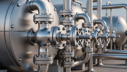 Fototapeta premium Close-up of large stainless steel tanks connected by pipes, flanges, and valves, highlighting high-tech industrial assembly, engineering, and process equipment