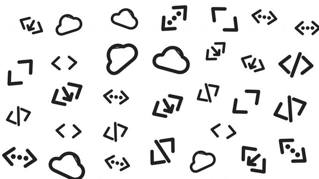 Coding Symbols and Cloud Icons Digital Illustration, Technology Concept with Data and Software Elements, Graphic Design, Top-Down View
