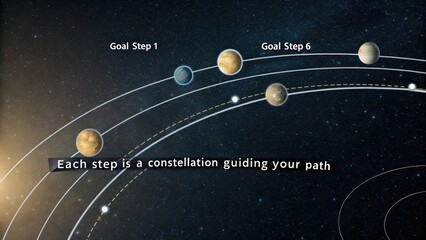 Celestial spheres align on orbital paths indicating goal steps in cosmic progression