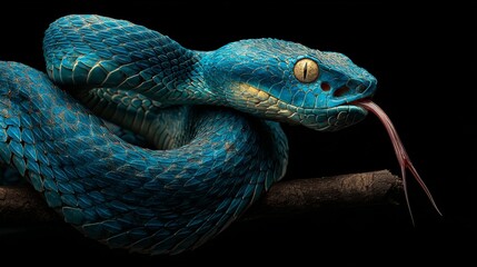 Fototapeta premium Stunning blue snake with piercing gaze and flickering tongue, a vibrant and captivating creature with exotic beauty ideal for nature enthusiasts