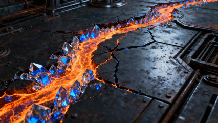 Energy flow in a dark cracked surface, a futuristic concept