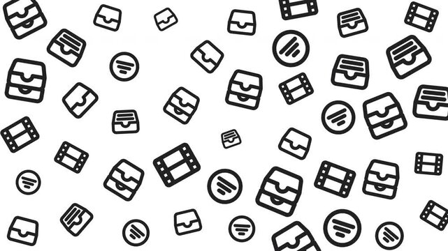 Patterned Digital Icons Scattered on White Background, Technology Symbols, Graphic Illustration, Top-Down View, Minimalist Design Concept