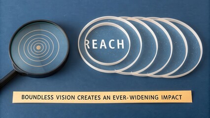 Concentric clear rings with the word REACH on a dark blue surface, representing business vision and growth.