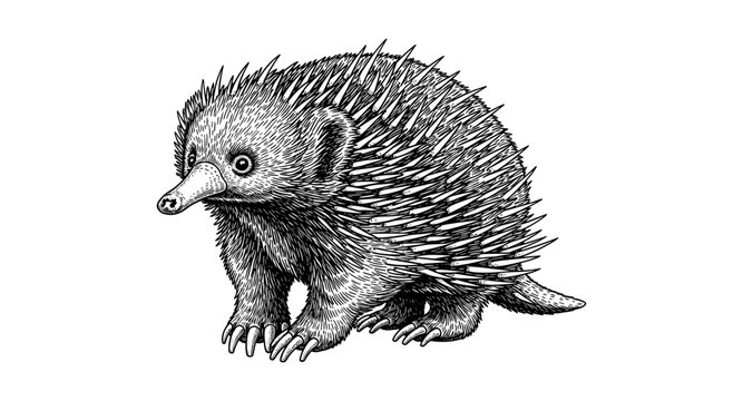 Intricate echidna sketch with detailed quills in black and white