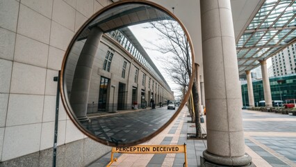 Convex Mirror Reflecting a City Street and Building Facade with a "Perception Deceived" Sign