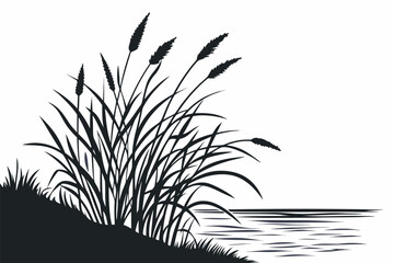 Black and white silhouette illustration of tall reeds or cattails growing on a grassy bank next to a body of water, creating a natural landscape element in a graphic style