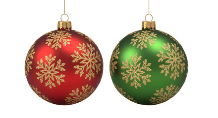 Red and green hanging Christmas baubles with gold glitter snowflakes isolated background