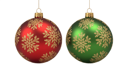 Red and green hanging Christmas baubles with gold glitter snowflakes isolated background