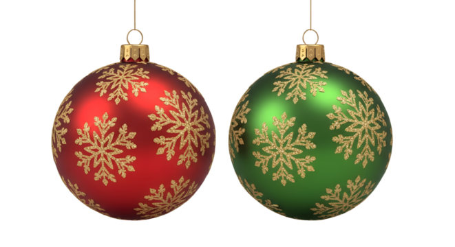 Red and green hanging Christmas baubles with gold glitter snowflakes isolated background