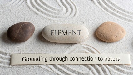 Four natural river stones arranged on rippled sand with one stone inscribed with the word ELEMENT