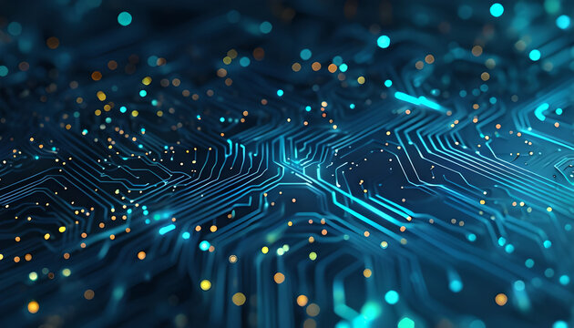 Macro View of a Digital Circuit Board with Glowing Blue Microchip Traces and Bokeh Lights, Representing Big Data, Technology, Cybersecurity, AI, and High-Speed Electronic Communication.