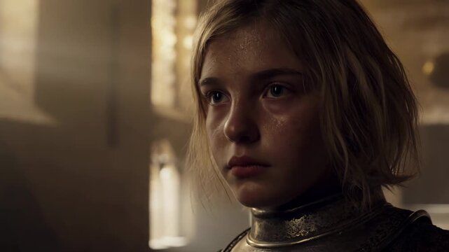 Medieval female knight removing helmet after battle, closeup in stone castle hall with determined expression, battle fatigue and armor details, video footage