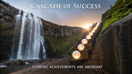 Glowing orbs ascend a mountainside path beside a magnificent waterfall at sunset, symbolizing abundant success and flowing achievements.