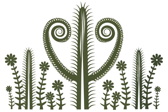 Stylized illustration of various desert cactus and succulent plants featuring a large central fernlike frond structure with curled tips