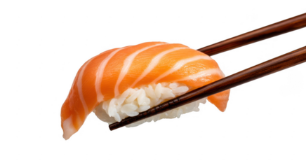 Salmon nigiri sushi held by wooden chopsticks isolated on a transparent background