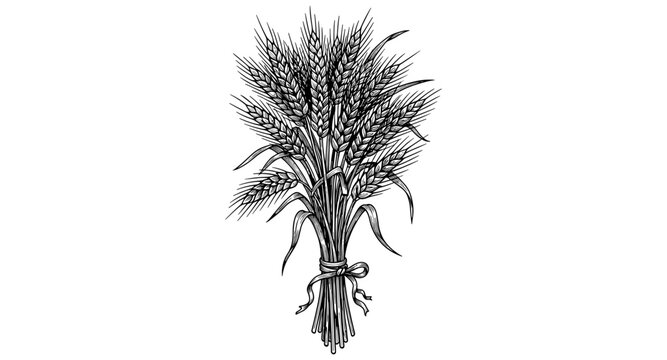 Detailed sketch of wheat bundle with ribbon on white background