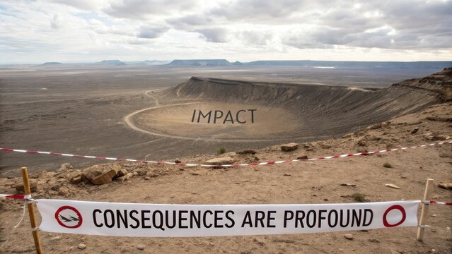 Impact crater on a desolate plateau, with text proclaiming consequences are profound