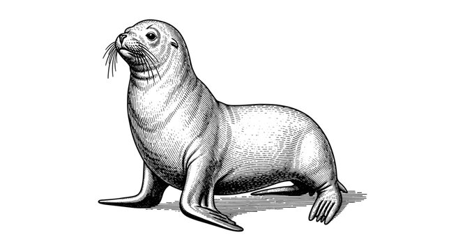 Detailed vintage artwork of a seal in black and white with classic hatch shading