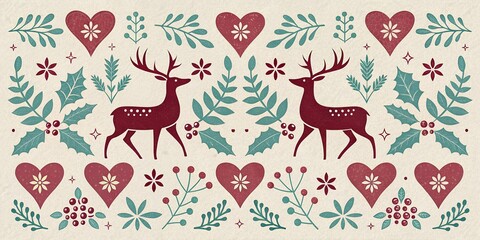 Scandinavian folk art Christmas pattern with reindeer, hearts, and floral motifs on beige background