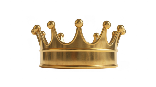 Shiny golden crown with pointed arches and spherical finials isolated on a transparent background