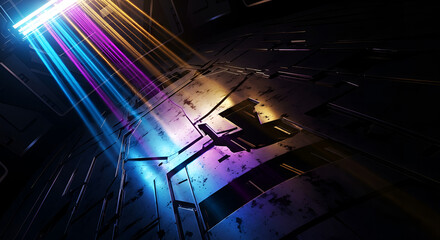 Futuristic glow with vibrant light beams illuminating a dimensional space, creating a sense of wonder and potential for cutting edge technology visuals