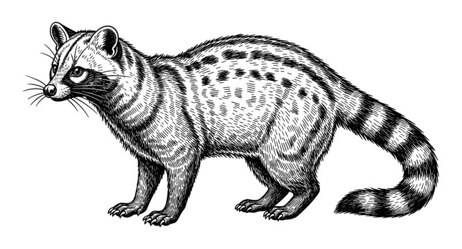 Detailed black and white illustration of a genet in intricate line art style