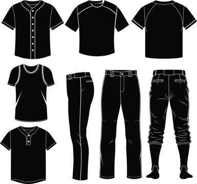 Black and white baseball uniforms apparel vector illustration set