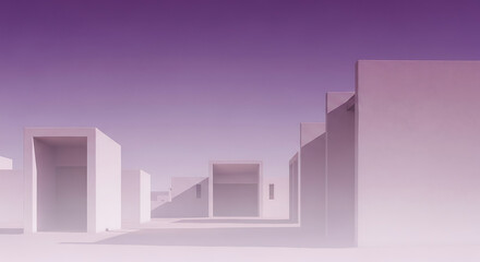 Abstract cityscape with white geometric structures against a purple and white gradient sky ai generated