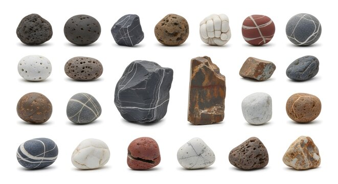 Collection of textured stones pebbles in various colors and shapes on white seamless background