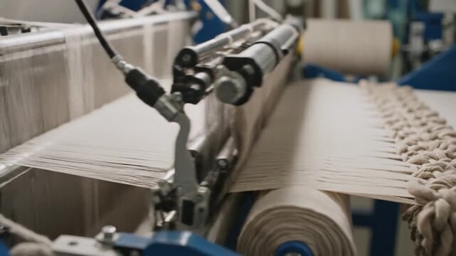 Automated textile loom weaving fabric industrial production machine close up manufacturing process factory equipment