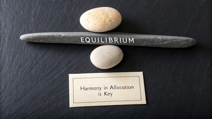 Polished stone arrangement symbolizing equilibrium and harmony in allocation on a dark textured surface