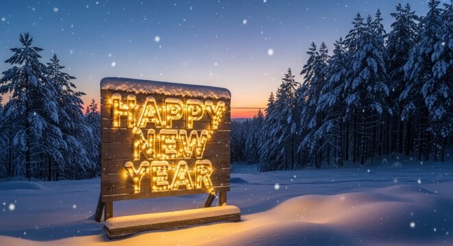 Happy New Year sign at snowy forest, winter holidays decoration with lights