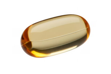 Single translucent yellow oval capsule with a seam isolated on a transparent background