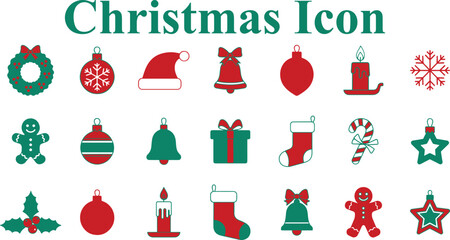 21 festive collection of Christmas icons and holiday symbols, featuring traditional decorations, ornaments, Santa hats, bells, candles, and gifts on transparent background