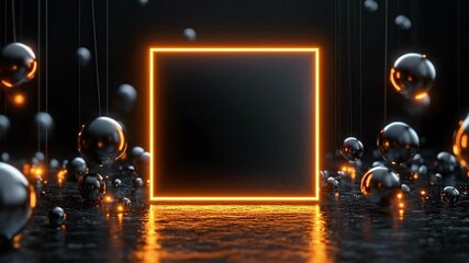 Glowing square amidst floating metallic spheres in dark abstract scene - Powered by Adobe