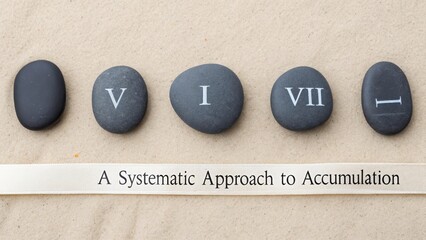 Seven smooth dark stones displaying Roman numerals V I and VII arranged on a sandy background with a banner indicating a systematic approach to accuracy