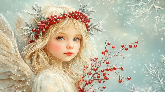 Christmas angel on a winter background. Christmas element for greeting cards, banner, invitation, flyer, stickers. Children's symbol of New Year and Christmas.