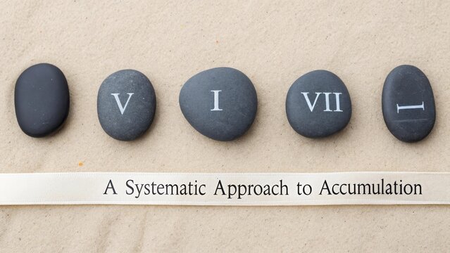 Seven smooth dark stones displaying Roman numerals V I and VII arranged on a sandy background with a banner indicating a systematic approach to accuracy