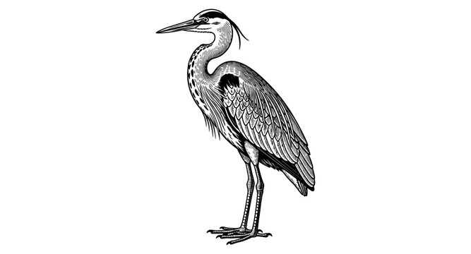 Detailed black and white heron standing: elegant animal design in vintage style