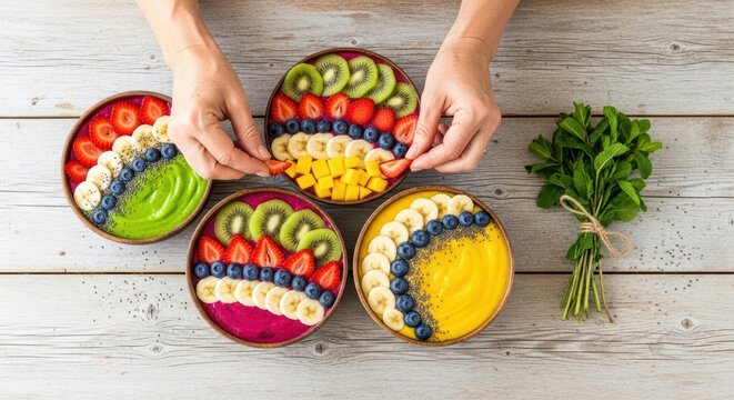 Colorful smoothie bowls with fresh fruits and hands arranging toppings on wooden table - Powered by Adobe