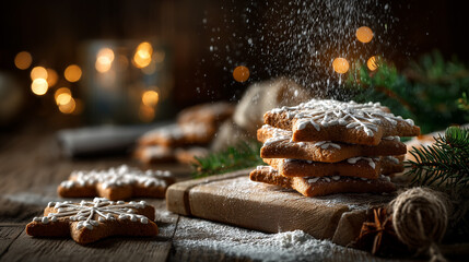 Snowflake gingerbread cookies with powdered sugar on wooden table