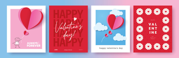 Set of Valentine's Day poster, greeting card, cover, label, sale promotion templates with modern paper cut style and typography design.   © LittleWhale