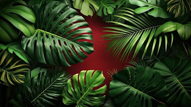 Tropical foliage border on rich red background